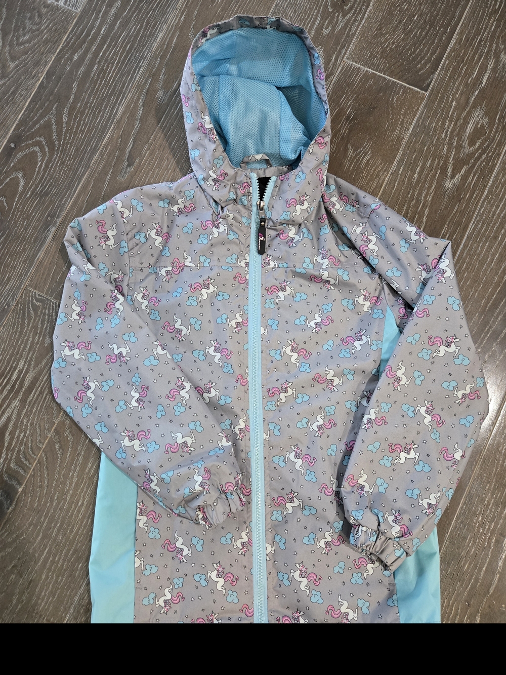 Girls' Gray Unicorn Raincoat with Aqua Accents
